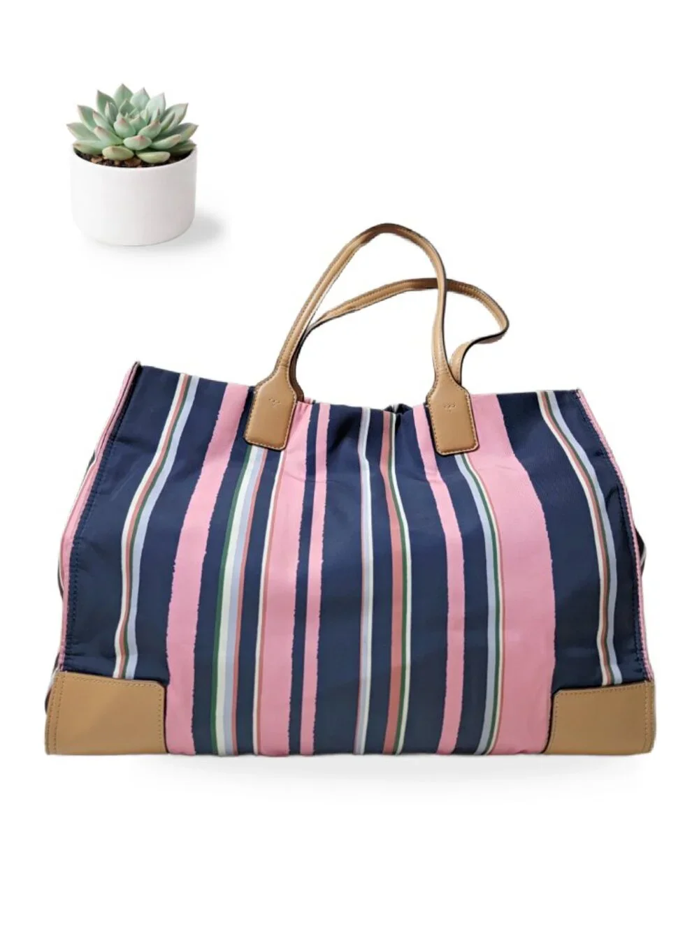 Tory Burch Ella Tote Navy Pink Stripe Nylon Large Shoulder Bag Leather Trim